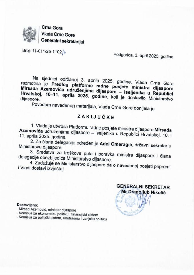 Предлог платформе радне посјете министра дијаспоре Мирсада Аземовића удружењима дијаспоре-исељеника у Републици Хрватској, 10-11. априла 2025. године - закључци