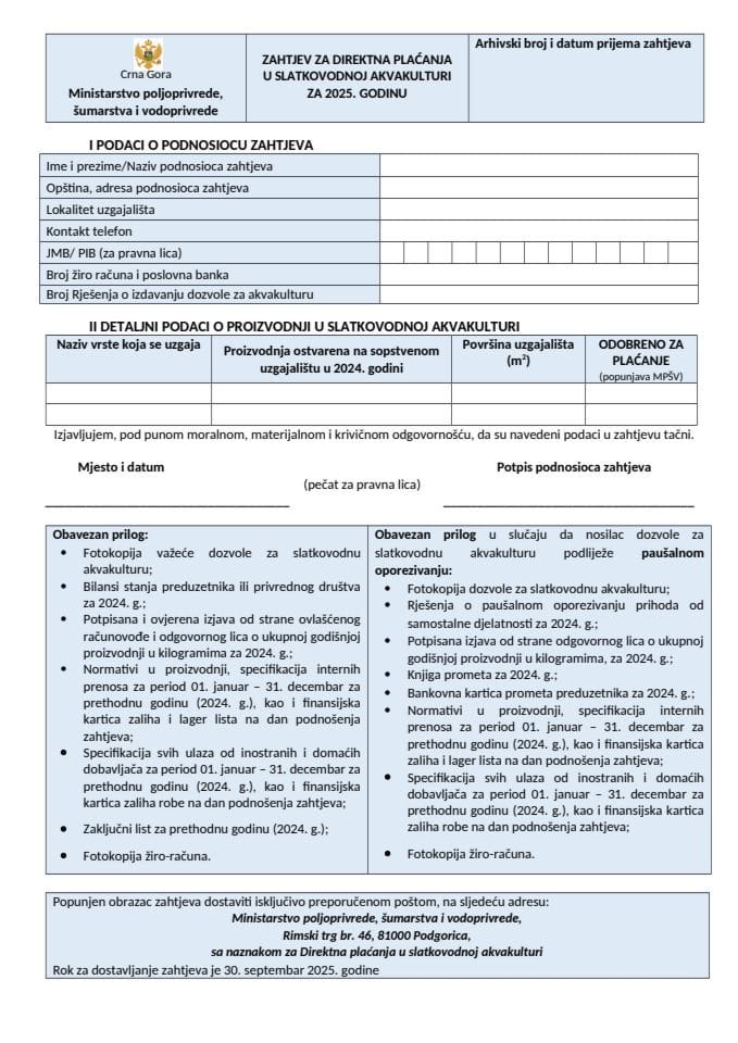 Obrazac zahtjeva - direktna plaćanja u slatkovodnoj akvakulturi 2025. godine