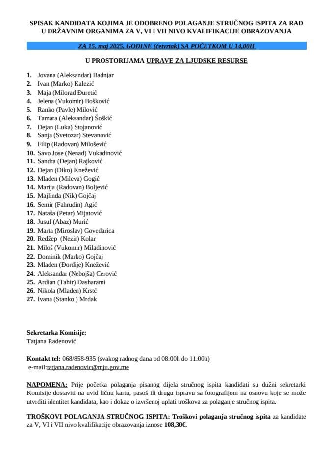 Списак кандидата 15. мај 2025.године ВСС