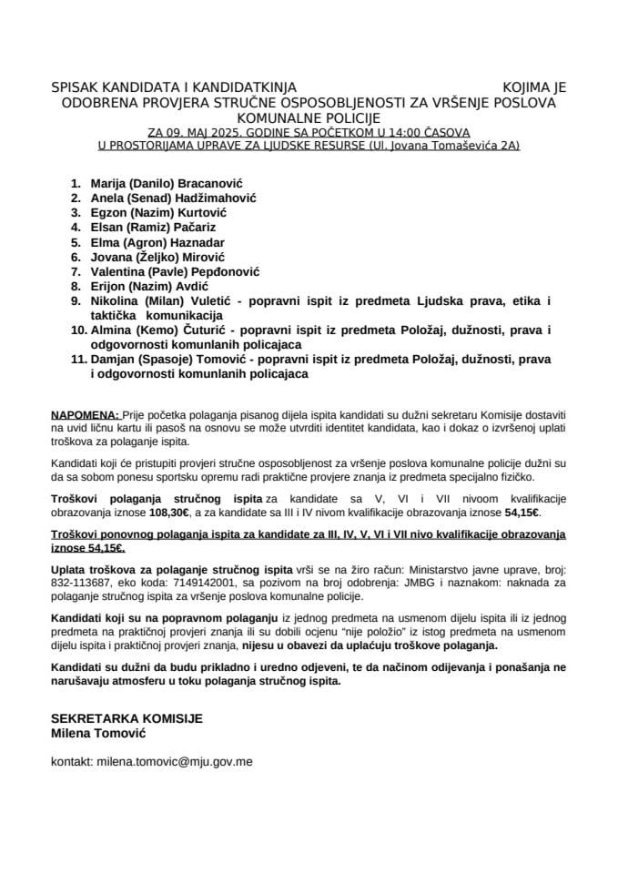 Spisak kandidata 9. maj 2025. godine komunalna policija