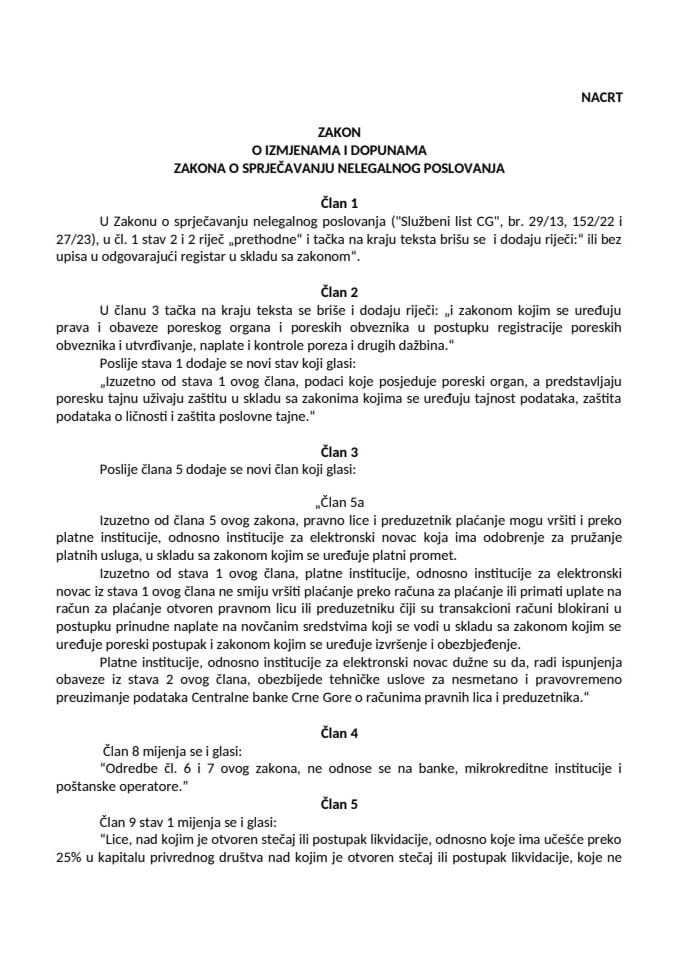 Нацрт закона о измјенама и допунама Закона о спречавању нелегалног пословања