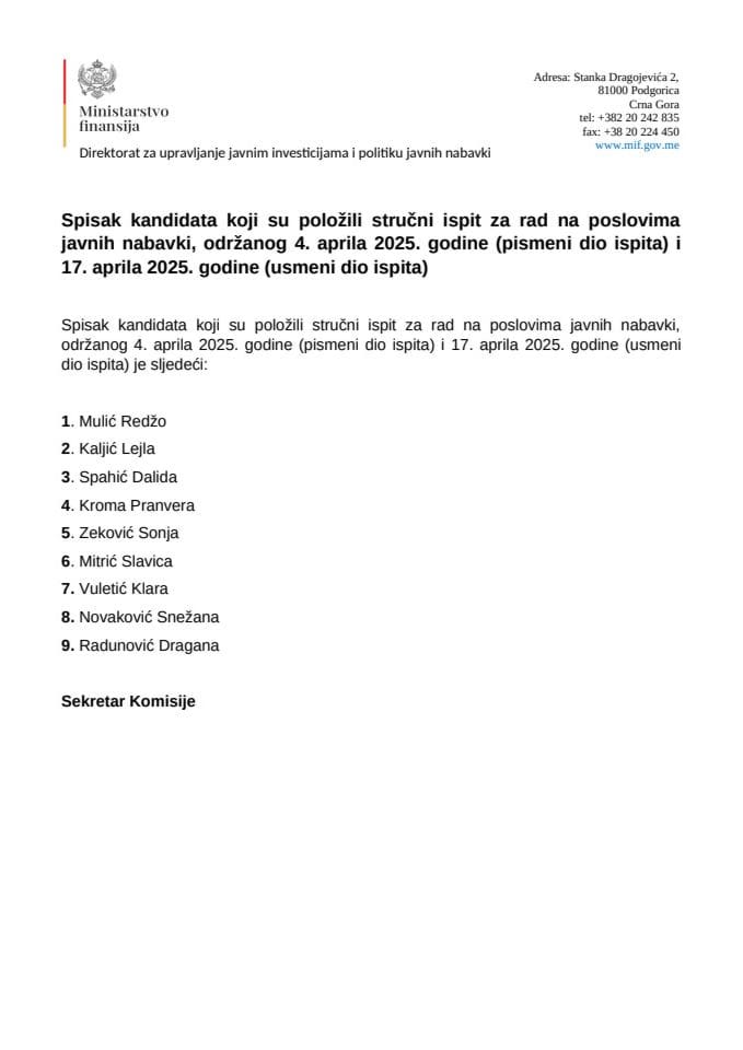 Spisak kandidata koji su polozili ispit 17.04.2025. godine