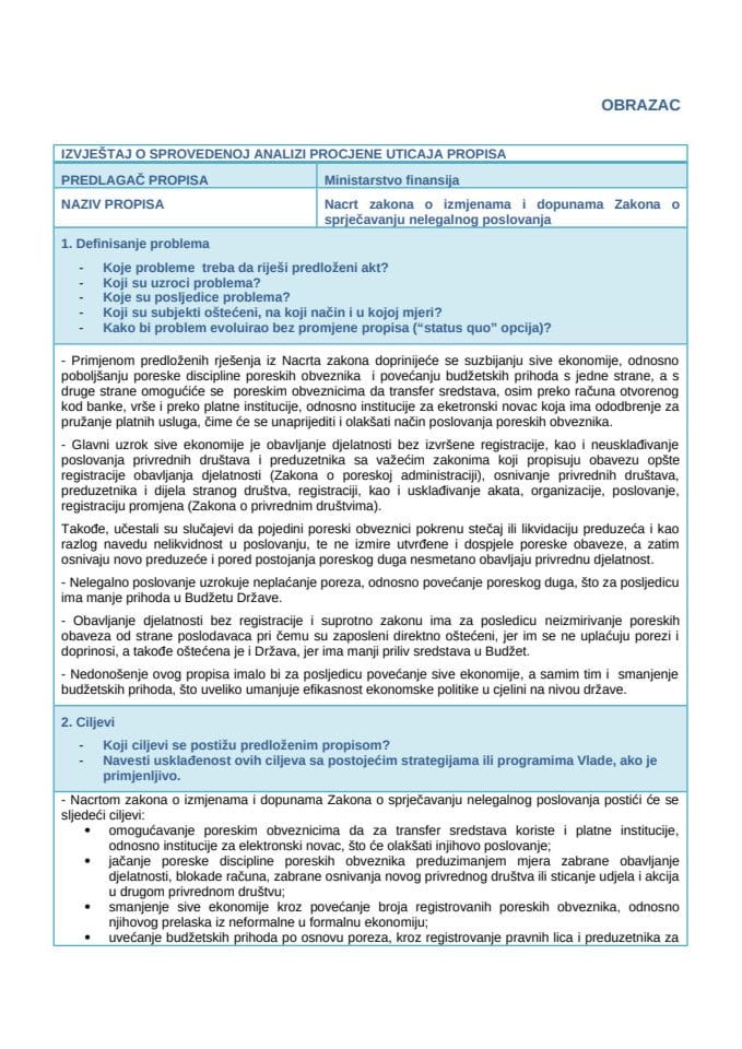 РИА образац (Нацрт Извјештаја о спроведеној анализи о процјени утицаја прописа)