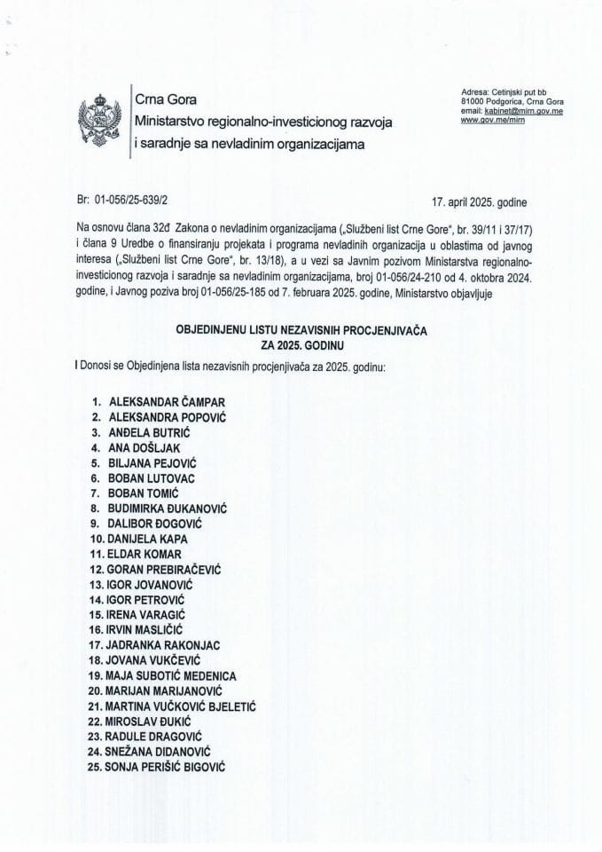 Objedinjena lista nezavisnih procjenjivača za 2025. godinu