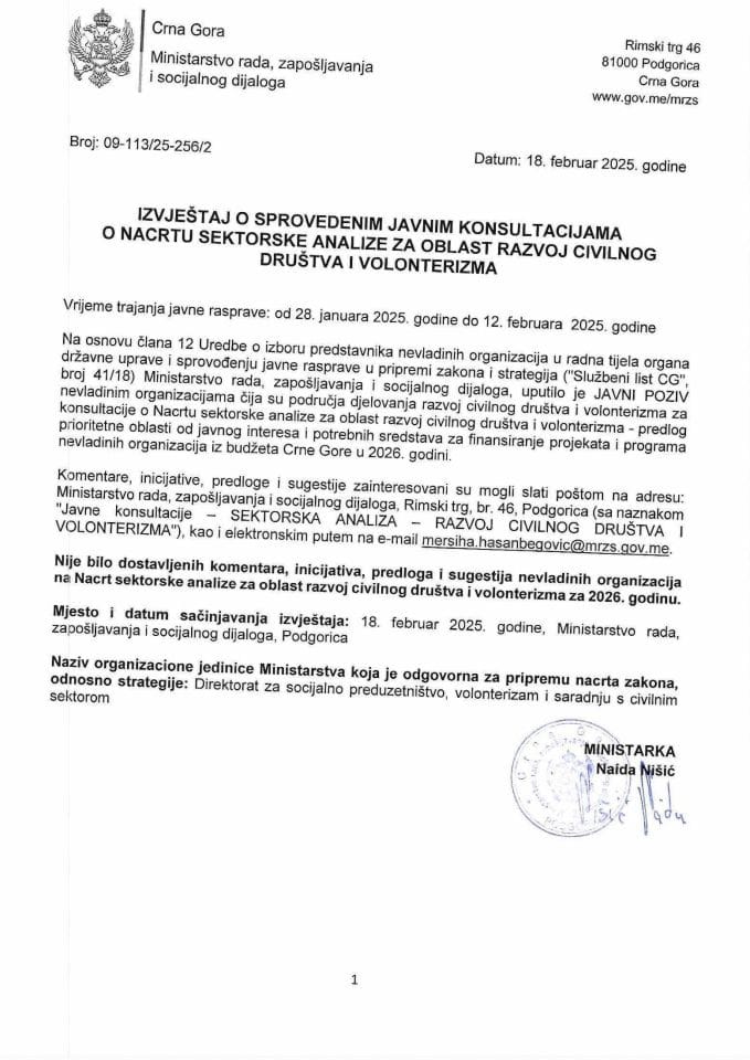 Izvještaj o sprovedenim javnim konsultacijama o nacrtu Sektorske analize za oblast razvoj civilnog društva i volonterizma za 2026. godinu