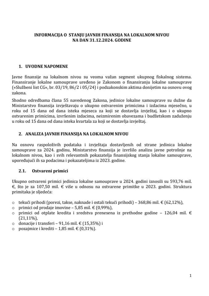 Informacija o stanju javnih finansija na lokalnom nivou na dan 31.12.2024. godine