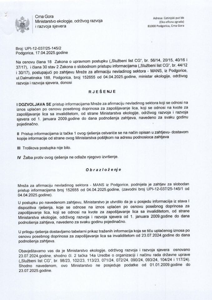 Рјешења - Слободан приступ информацијама - Рјешење по захтјеву УМХЦГ број УПИ-12-037-25-145-2
