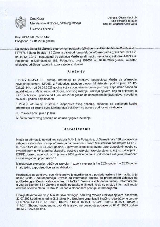 Рјешења - Слободан приступ информацијама - Рјешење по захтјеву УМХЦГ број УПИ-12-037-25-144-2