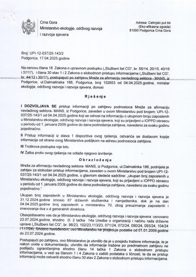 Рјешења - Слободан приступ информацијама - Рјешење по захтјеву УМХЦГ број УПИ-12-037-25-143-2