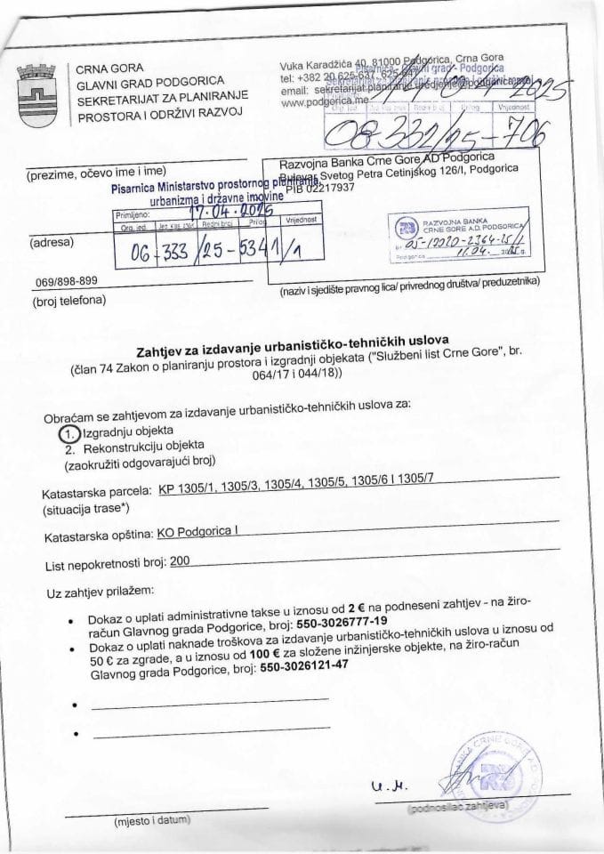 Zahtjevi za izdavanje urbanističko tehničkih uslova - 06_333_25_5341_1 Glavni grad Podgorica