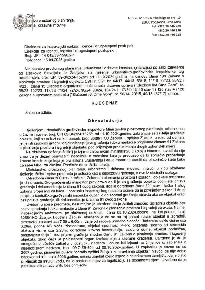 Drugostepena rješenja - UPII 14-042-23-1596-2-1 SLAVOLJUB DŽAKOVIĆ