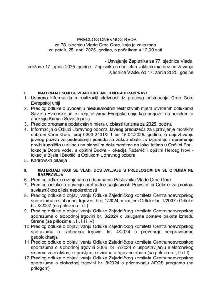 Предлог дневног реда за 78. сједницу Владе Црне Горе