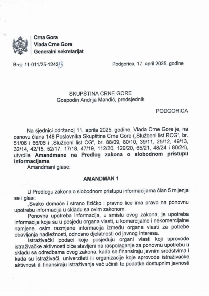 Predlog amandmana na Predlog zakona o slobodnom pristupu informacijama - zaključci