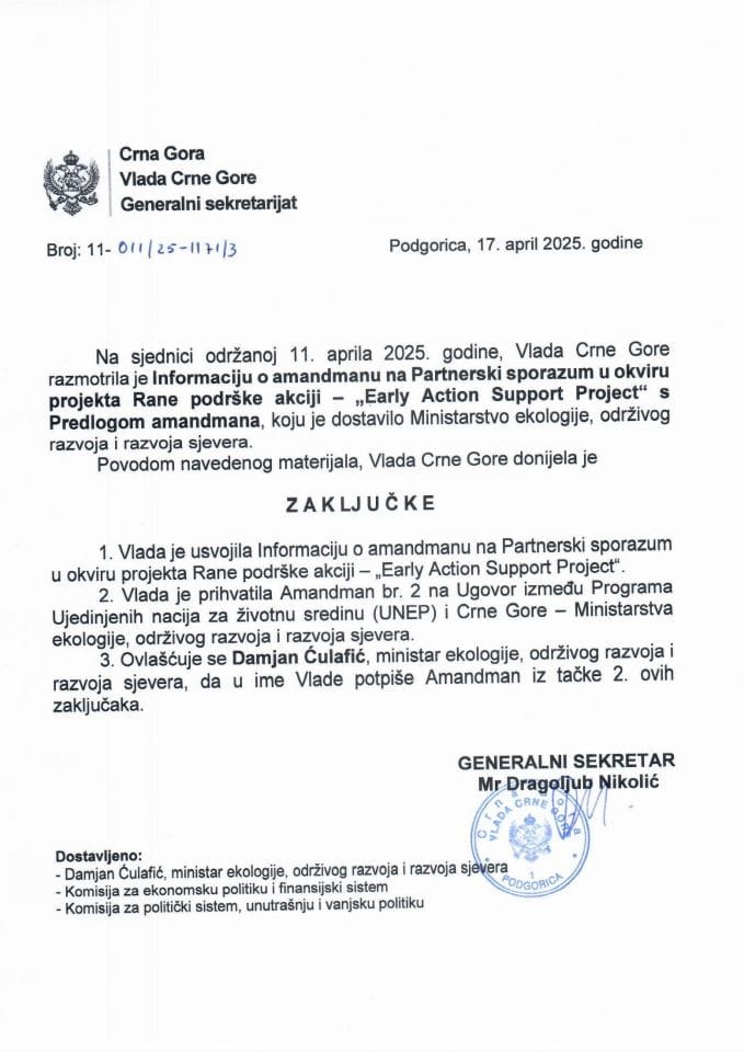 Informacija o amandmanu na Partnerski sporazum u okviru projekta Rane podrške akciji – „Early Action Support Project“ s Predlogom amandmana - zaključci
