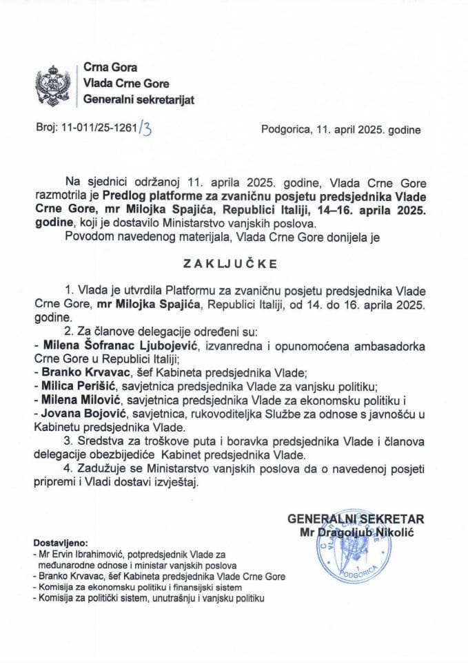 Predlog platforme za zvaničnu posjetu predsjednika Vlade Crne Gore mr Milojka Spajića Republici Italiji, 14-16. aprila 2025. godine - zaključci