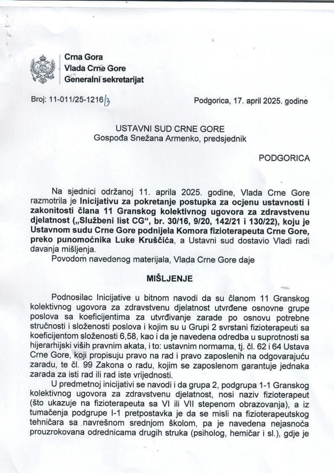 Predlog mišljenja na Inicijativu za pokretanje postupka za ocjenu ustavnosti i zakonitosti člana 11 Granskog kolektivnog ugovora za zdravstvenu djelatnost, koju je podnijela Komora fizioterapeuta Crne Gore - zaključci