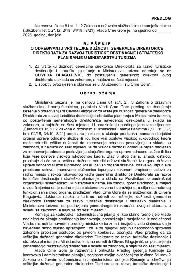 Predlog za određivanje vršiteljke dužnosti generalne direktorice Direktorata za razvoj turističke destinacije i strateško planiranje u Ministarstvu turizma