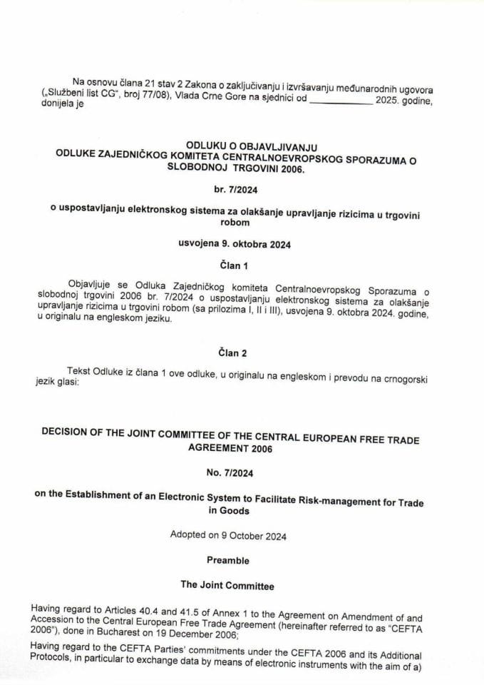 Предлог одлуке о објављивању Одлуке Заједничког комитета Централноевропског споразума о слободној трговини 2006. бр. 7/2024 (са прилозима I, II и III)