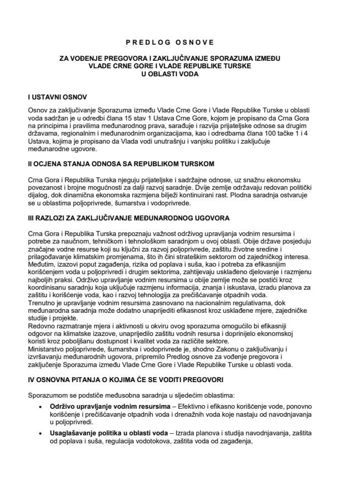 Предлог основе за вођење преговора и закључивање Споразума између Владе Црне Горе и Владе Републике Турске у области вода с Предлогом споразума