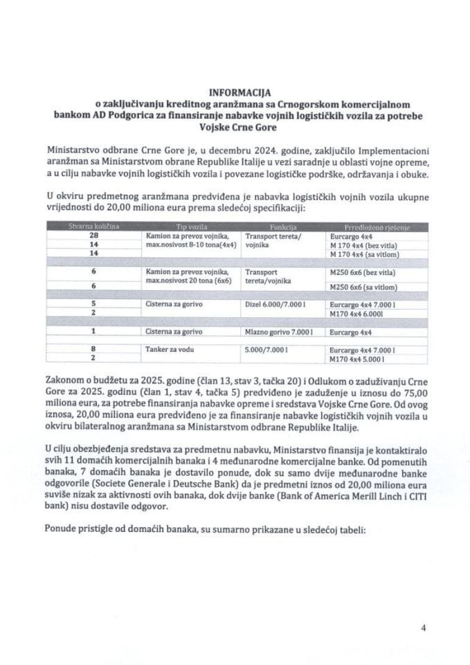 Информација о закључивању кредитног аранжмана са Црногорском комерцијалном банком АД Подгорица за финансирање набавке војних логистичких возила за потребе Војске Црне Горе с Предлогом уговора о кредиту