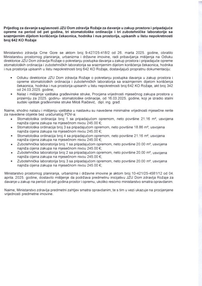 Предлог за давање сагласности ЈЗУ Дом здравља Рожаје за давање у закуп простора и припадајуће опреме на период од пет година, три стоматолошке ординације и три зуботехничке лабораторије