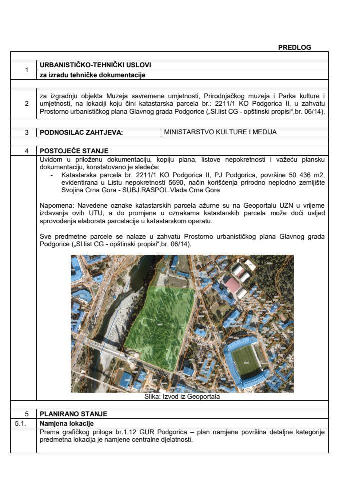 Предлог урбанистичко-техничких услова за израду техничке документације за изградњу објекта Музеја савремене умјетности, Природњачког музеја и Парка културе и умјетности, на локацији коју чини катастарска парцела бр. 2211/1 КО Подгорица II