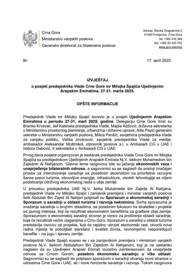 Izvještaj o posjeti predsjednika Vlade Crne Gore mr Milojka Spajića Ujedinjenim Arapskim Emiratima, 27-31. marta 2025. godine