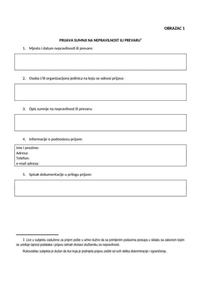 Образац - Пријава сумњи на неправилност или превару у Министарству туризма