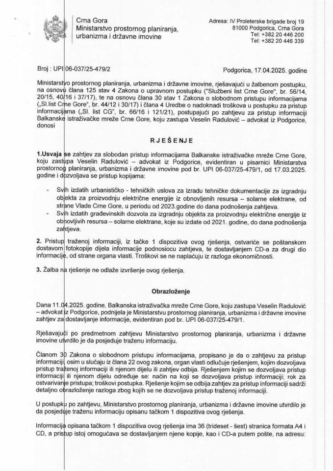 Rješenja - Slobodan pristup informacijama - UPI 06_037_479_2 Veselin Radulović advokat