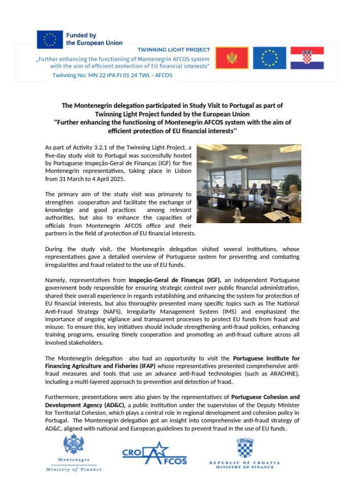 Studijska posjeta Portugalu - saopštenje za javnost