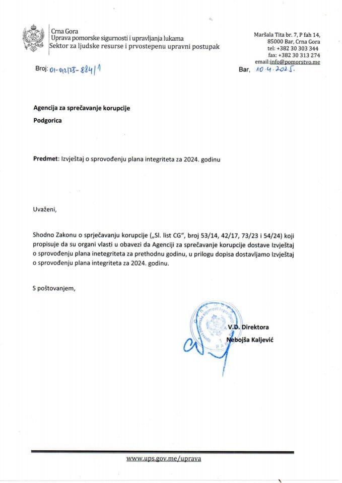 Izvještaj o sprovođenju plana integriteta za 2024. godinu