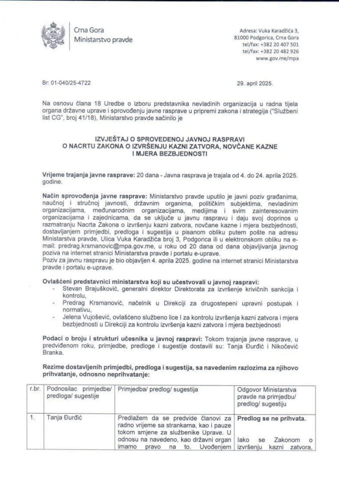 Izvještaj o sprovedenoj javnoj raspravi - Nacrt Zakona o izvršenju kazni zatvora, novčane kazne i mjera bezbjednosti