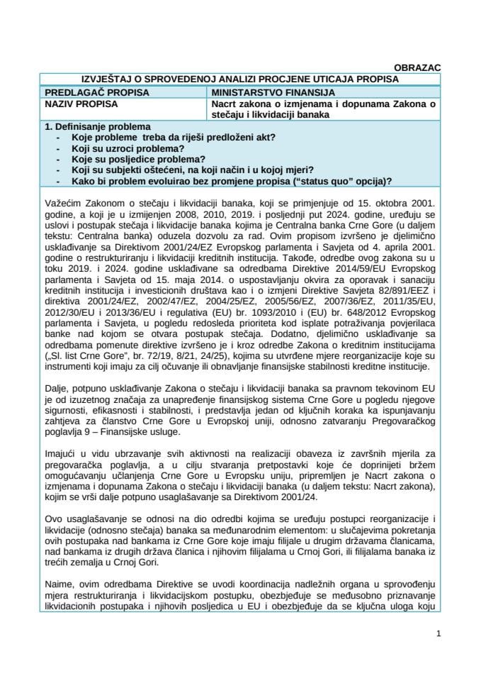 Izvještaj o sprovedenoj analizi procjene uticaja propisa (RIA)