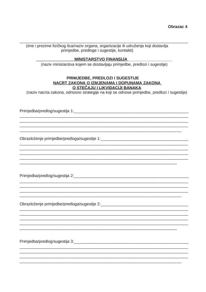 Obrazac za dostavljanje prijedloga, sugestija i komentara na Nacrt zakona
