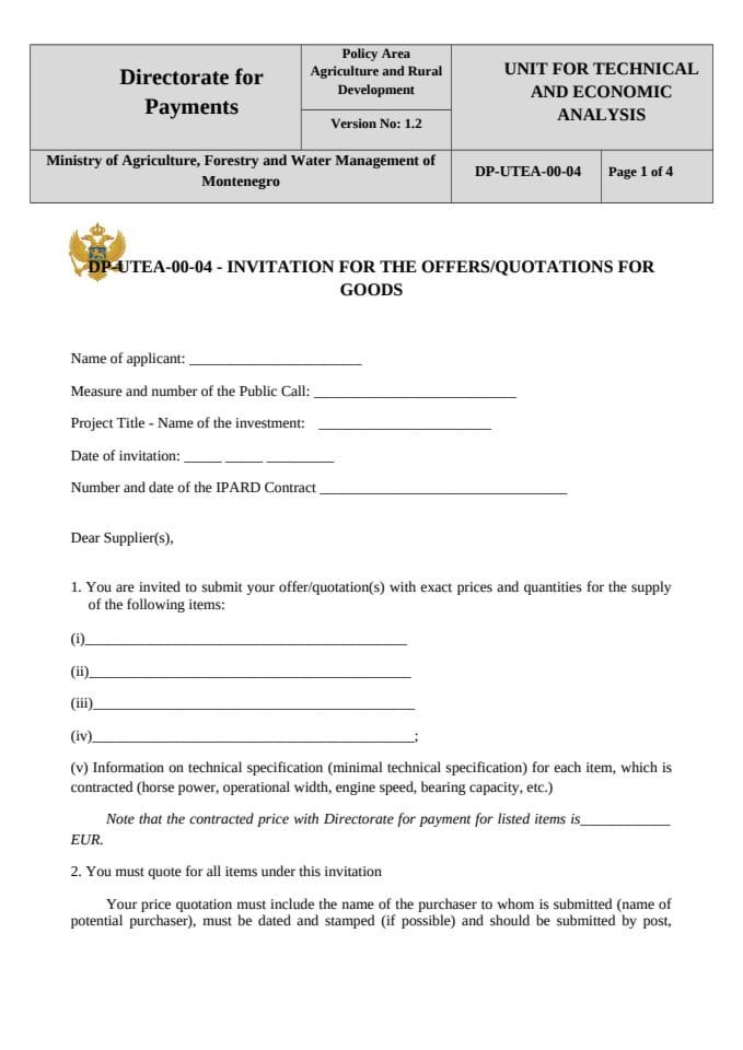 Invitation for the offers-quotations for goods