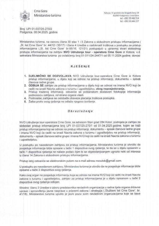 Rješenje - Slobodan pristup informacijama - UPI 01-037-25-270-2 - NVO Udruženje turoperatora Crne Gore