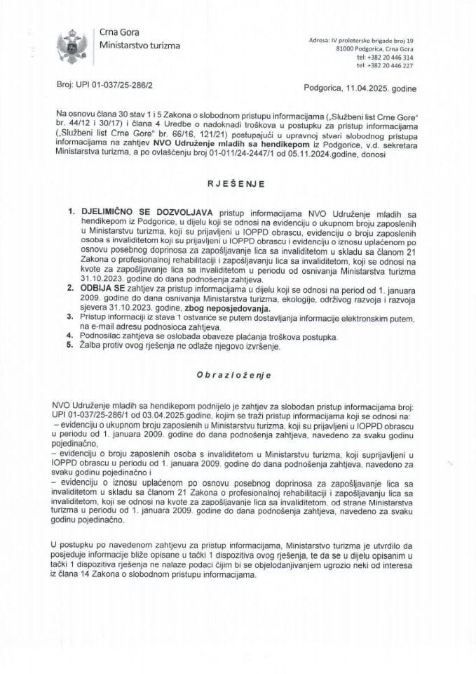 Rješenje - Slobodan pristup informacijama - UPI 01-037-25-286-2 - Udruženje mladih sa hendikepom