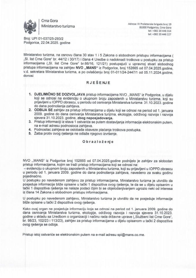 Rješenje - Slobodan pristup informacijama - UPI 01-037-25-293-2 Mreža za afirmaciju nevladinog sektora - MANS