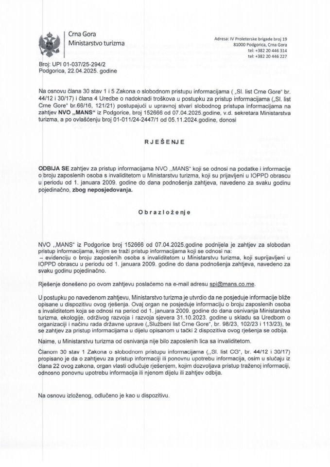 Rješenje - Slobodan pristup informacijama - UPI 01-037-25-294-2 Mreža za afirmaciju nevladinog sektora - MANS