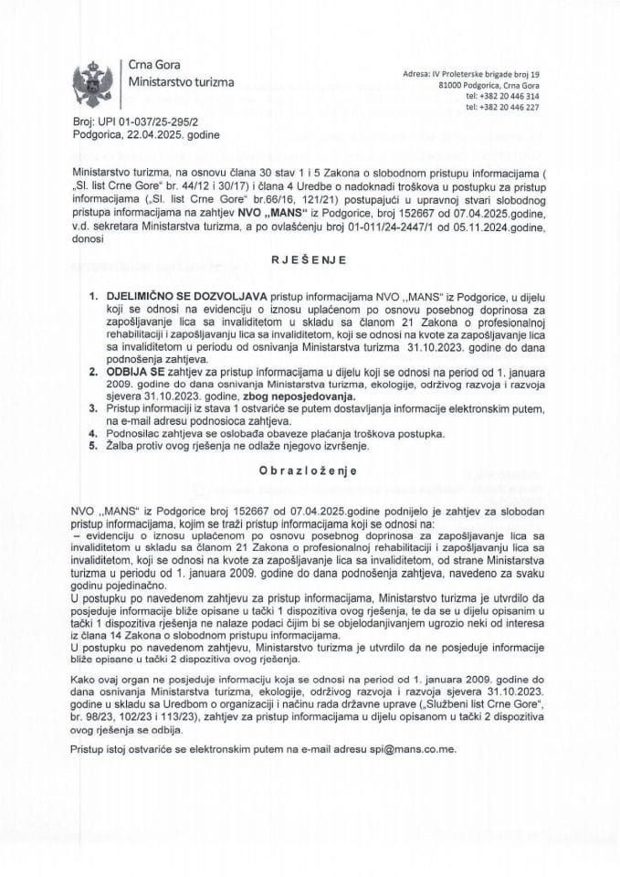 Rješenje - Slobodan pristup informacijama - UPI 01-037-25-295-2 Mreža za afirmaciju nevladinog sektora - MANS