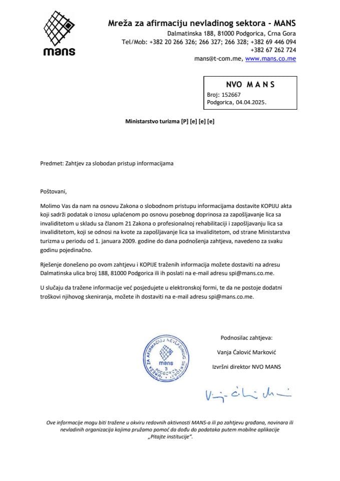 Zahtjev - Slobodan pristup informacijama - UPI 01-037-25-295-1 - Mreža za afirmaciju nevladinog sektora - MANS