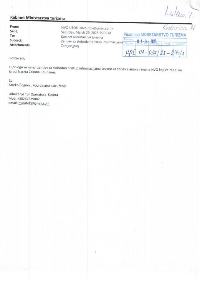 Zahtjevi - Slobodan pristup informacijama - UPI 01-037-25-270-1 - NVO Udruženje turoperatora Crne Gore