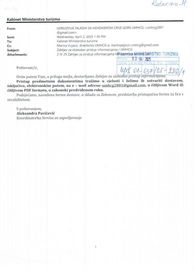 Informacije kojima je pristup odobren po osnovu zahtjeva br UPI 01-037-25-286-1 - Udruženje mladih sa hendikepom od 03.04.2025. godine