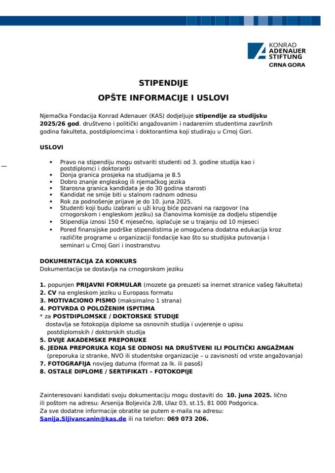 Konkurs za KAS stipendije za studijsku 2025-2026. godinu