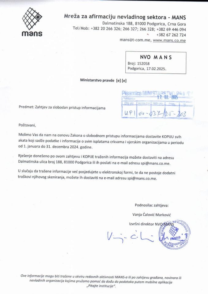 Zahtjev UPI 04-03725-203 - Rješenja o isplatama crkvama i vjerskim organizacijama u periodu od 1. januara do 31. decembra 2024. godine