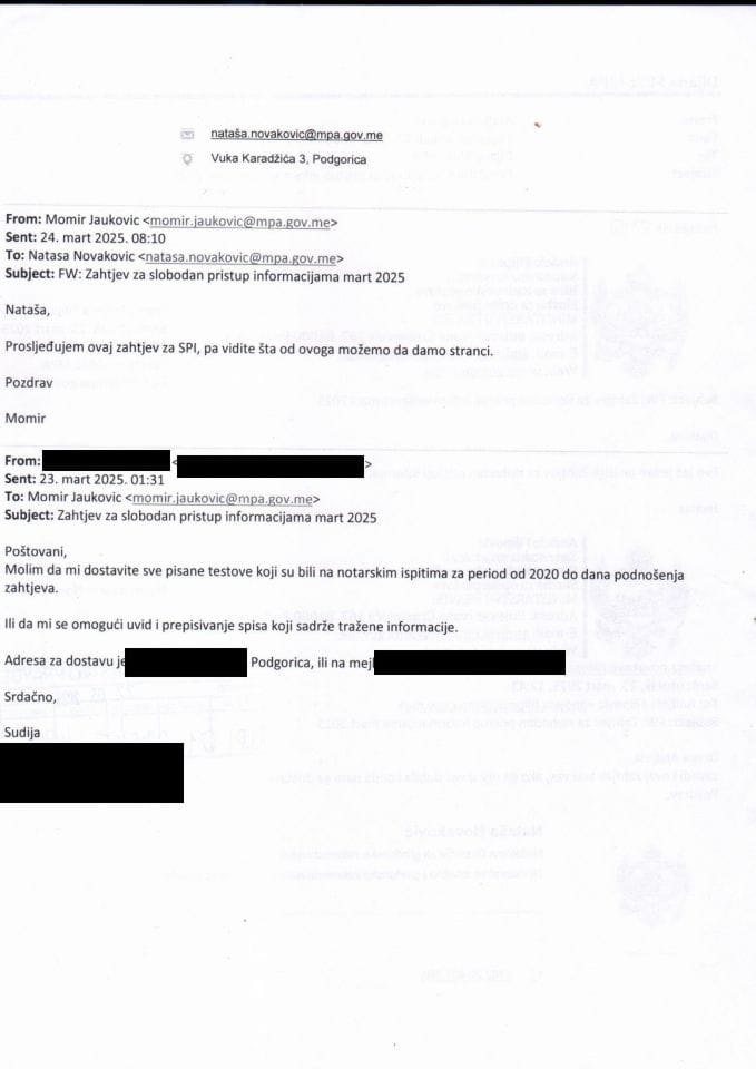 Zahtjev UPI 04-03725-489 - Kopije pisanih testova koji bili na notarskim ispitima od 2020. godine do dana podnošenja zahtjeva