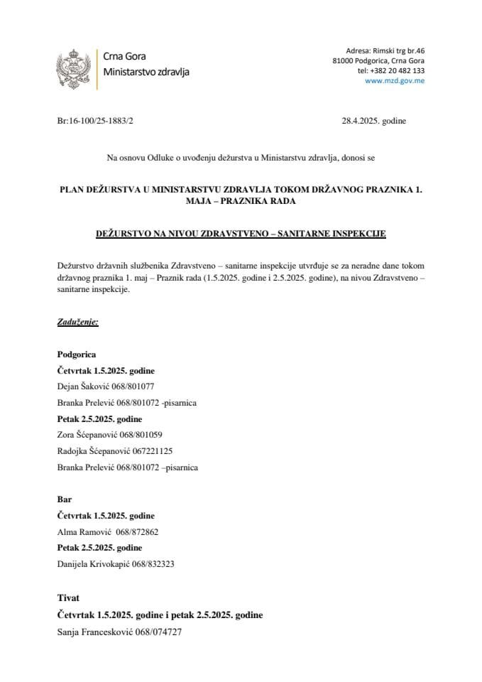 DEŽURSTVO NA NIVOU ZDRAVSTVENO – SANITARNE INSPEKCIJE