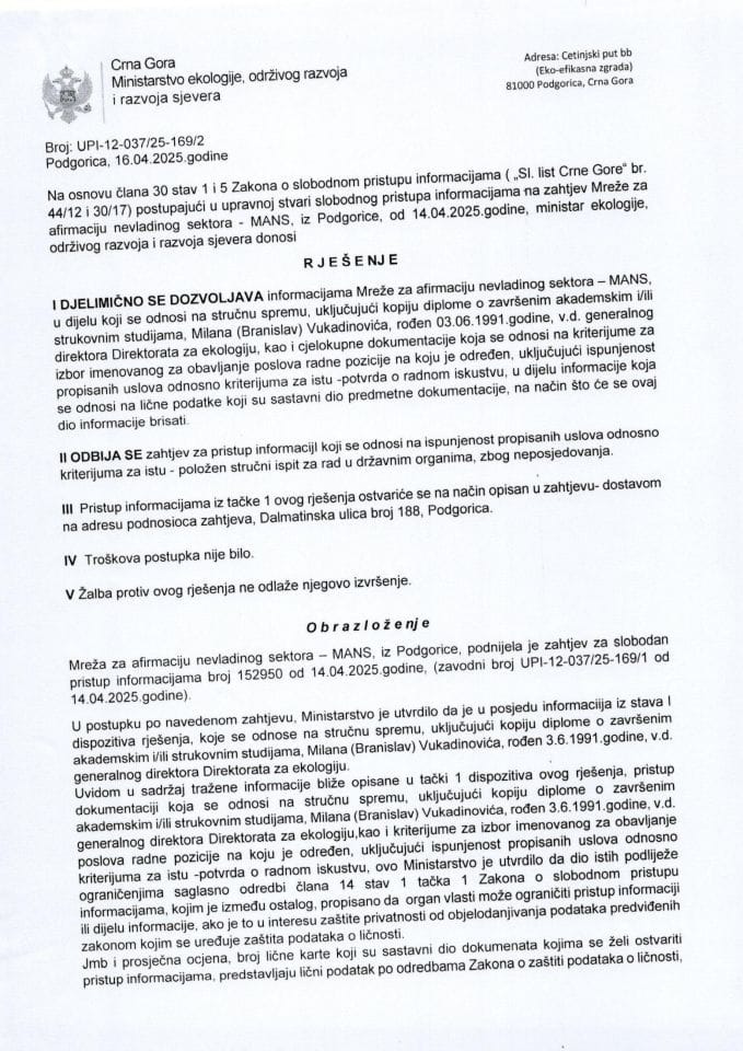 Рјешења - Слободан приступ информацијама - Рјешење број УПИ-12-037-25-169-2 по захтјеву МАНС-а.