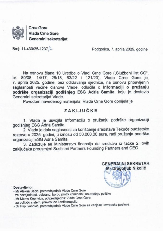 Informacija o pružanju podrške organizaciji godišnjeg ESG Adria Samita -Zaključci