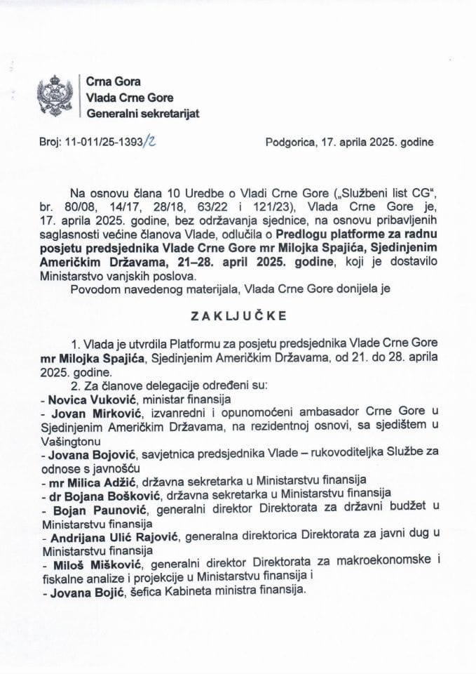 Предлог платформе за радну посјету предсједника Владе Црне Горе мр Милојка Спајића Сједињеним Америчким Државама, 21-28. априла 2025. године -Закључци